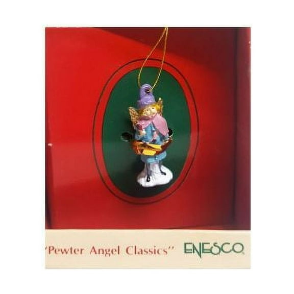 Vintage 1989 Enesco Small Wonders Pewter Angel Classics Miniature Ornament - Purple Hat, Pink Shaw, Blue Dress