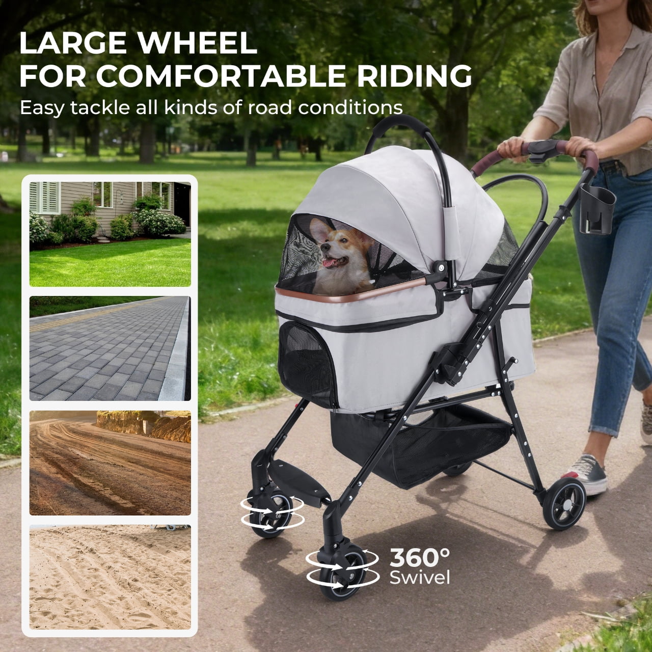 Foldable Pet Stroller with 360-Degree Rotating Wheels and Adjustable Canopy, Dog and Cat Travel Carrier with Storage Basket, Grey