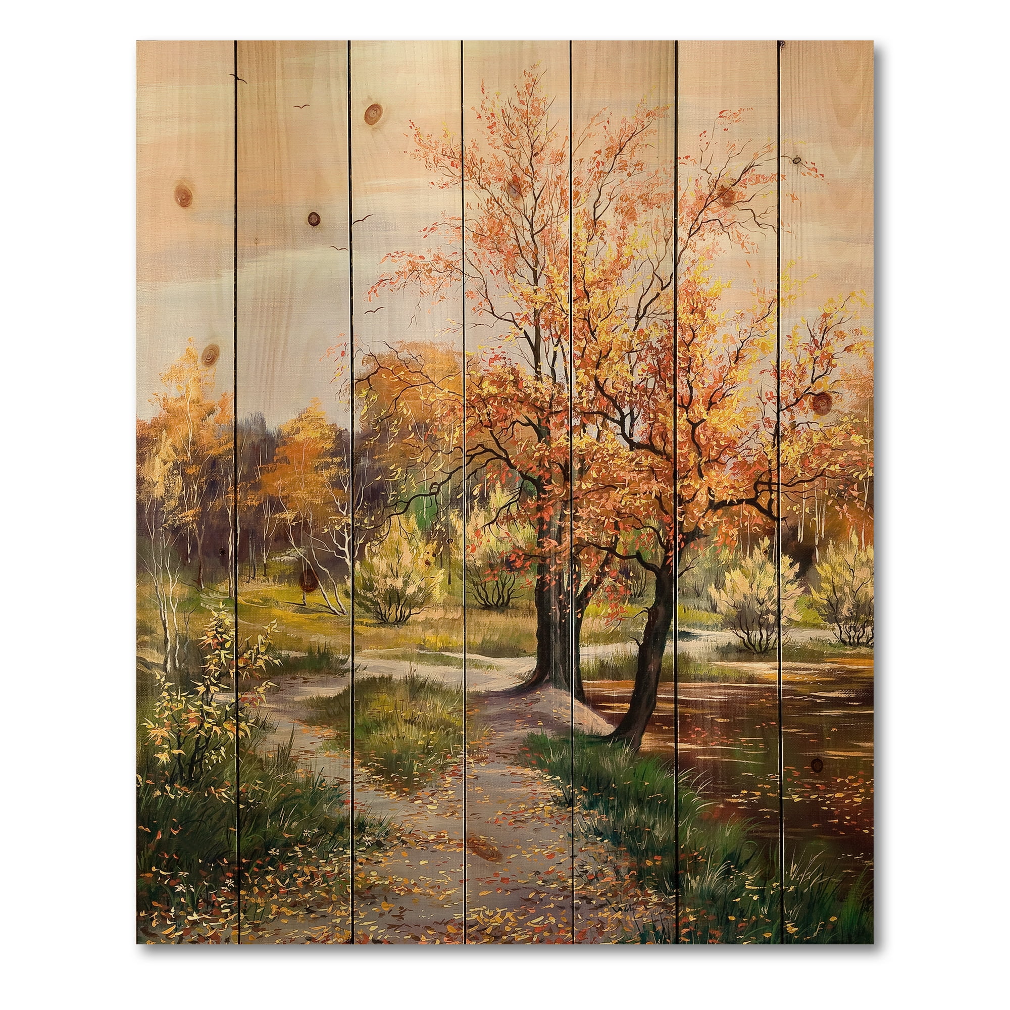 Designart 'The Orange Woods Along River' Country Print on Natural Pine Wood