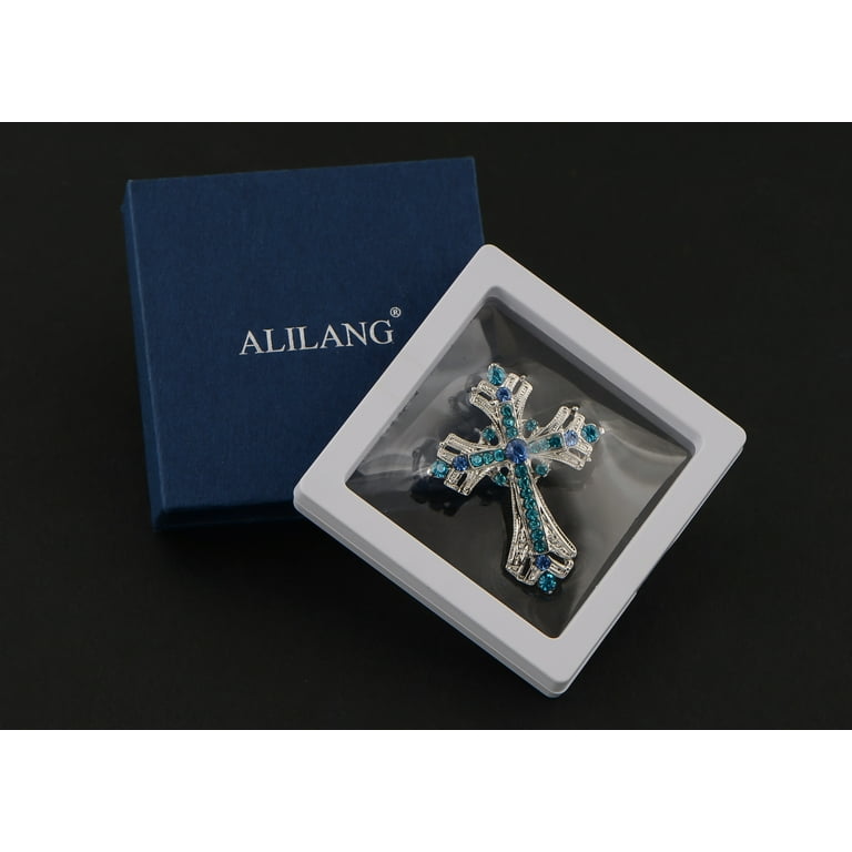 Silvery Tone Religious Cross Brooch Sparkling Aquamarine Blue or