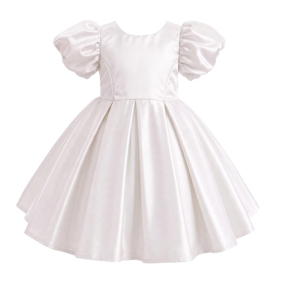 IBTOM CASTLE Toddler Girls Satin Short Puff Sleeve Flower Girl Dress Baby Girl Birthday Party Ruffle Formal Bowknot Wedding Guest Dress 2-3T White