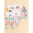thumbnail image 5 of Aojekbee Baby Boys Girls Summer Outfits Letter Animals Print Crew Neck Short Sleeve Rompers Long Pants Hat 3Pcs Clothes Set, 5 of 10