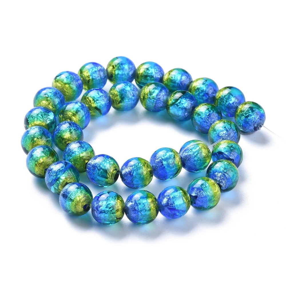 40 pc Handmade Silver Foil Lampwork Beads Luminous Glow in the Dark Round Blue 10mm Hole: 1.4mm