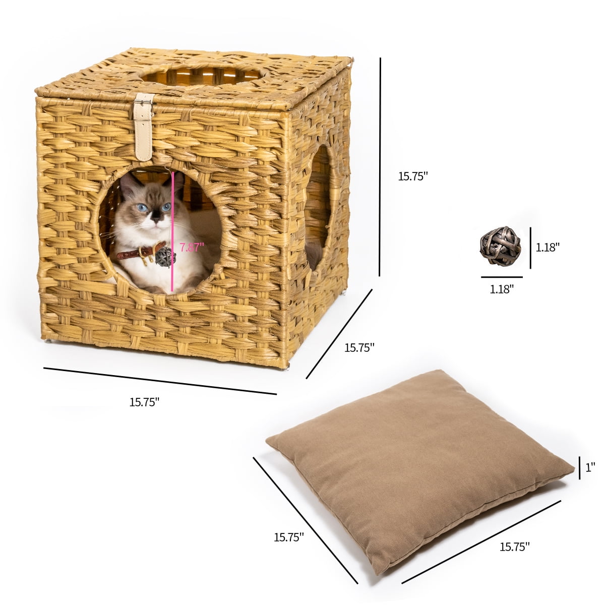 Canddidliike Rattan Cube Cat Bed with Rattan Ball and Mats in Yellow Brown Canddidliike Rattan Cube Cat Bed with Rattan Ball and Mats in Yellow Brown