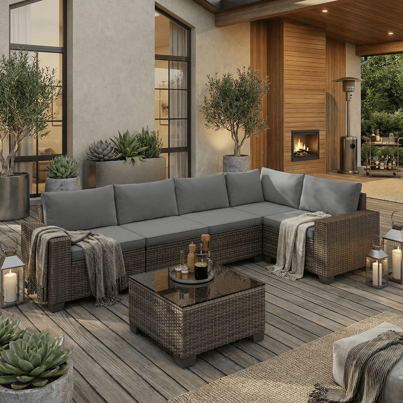 Aiho Outdoor Patio Furniture Set with All Weather Wicker, 6 Pieces Outdoor Sectional Sofa with Soft Cushions and Coffee Table, For Garden, Backyard, Poolside, Patio, Porch and Balcony - Gray