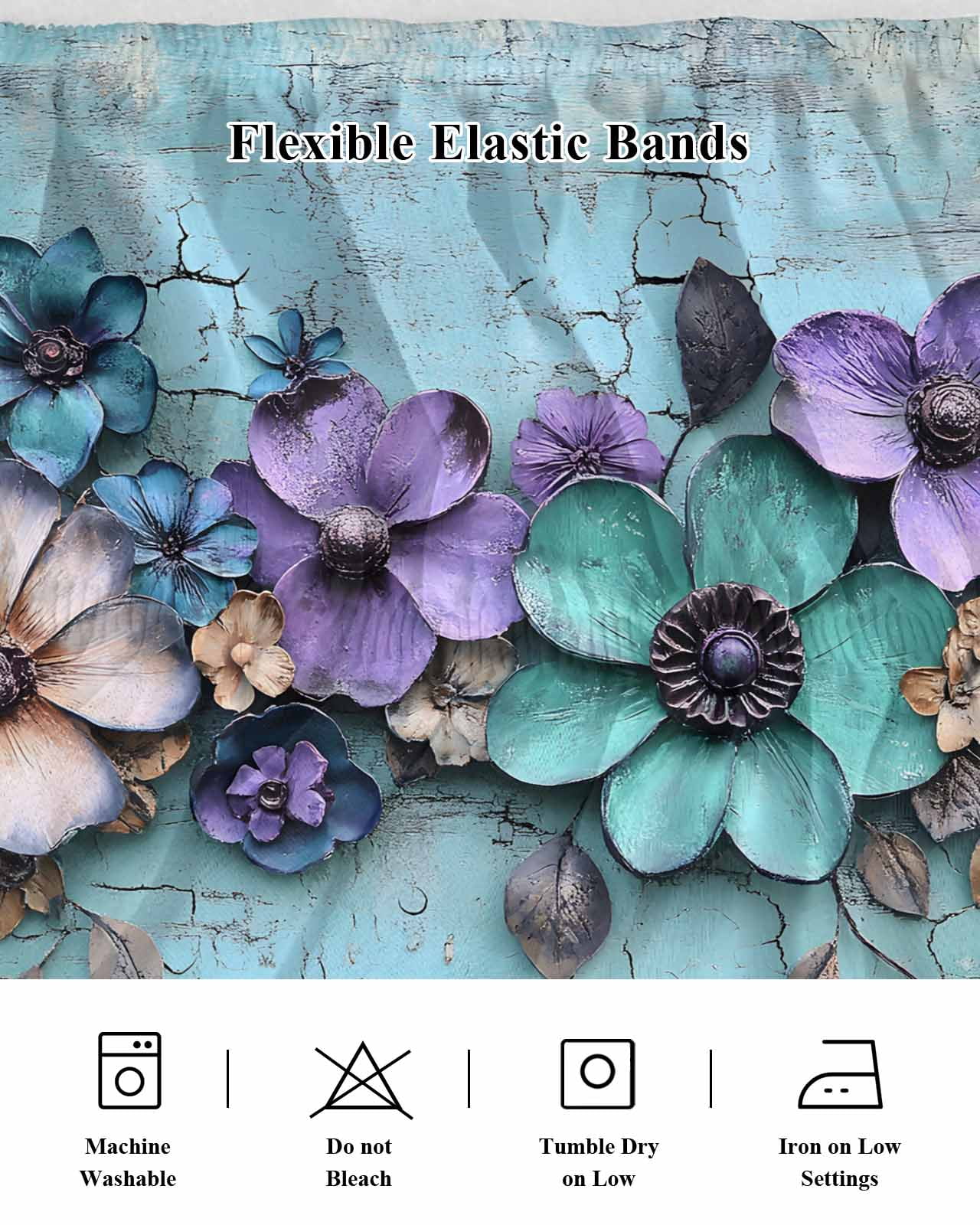 Spring Purple Flowers Wrap Around Bed Skirts for Queen Bed 18" Drop,Bed Skirt with Adjustable Elastic Belt Dust Ruffle Bed Valance for Bedroom Hotel Floral Mottled Teal Wall Retro Bed Frame Cover