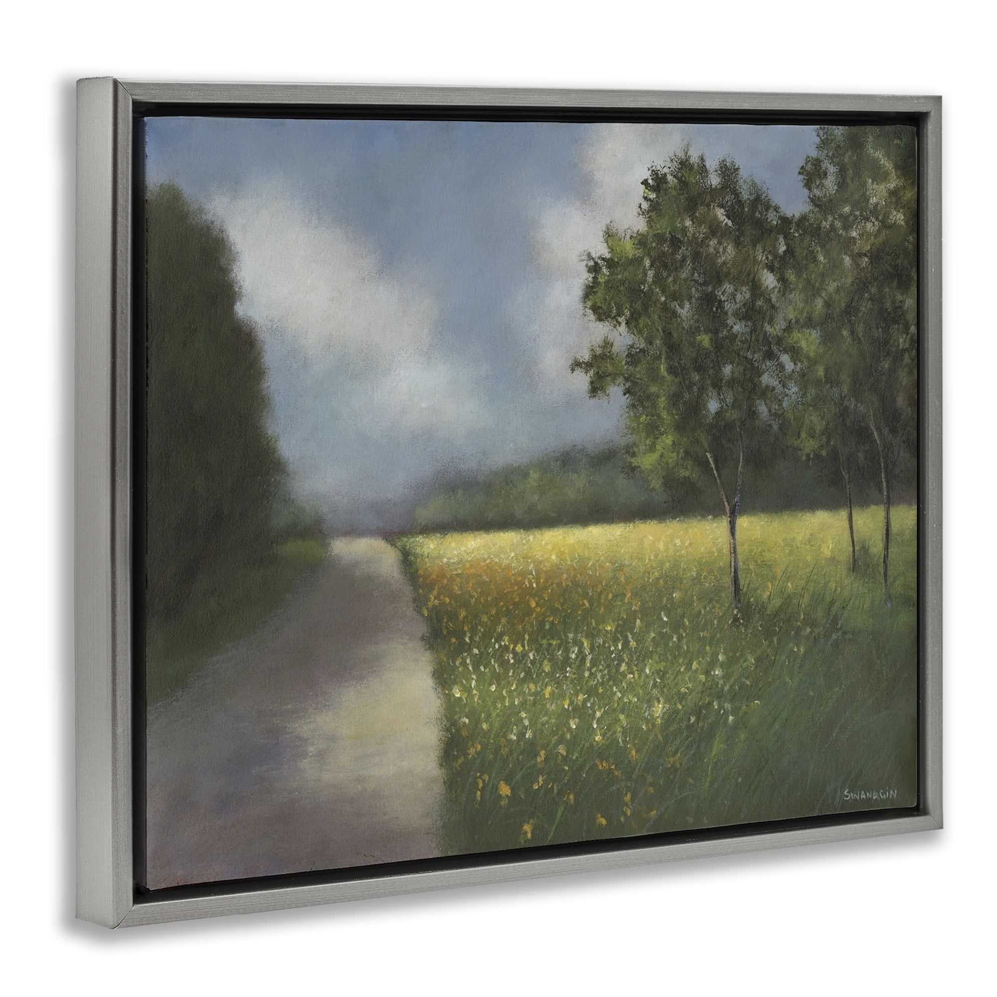 Stupell Industries Traditional Country Road Landscape Painting Gray Floater Framed Art Print Wall Art, 31 x 25