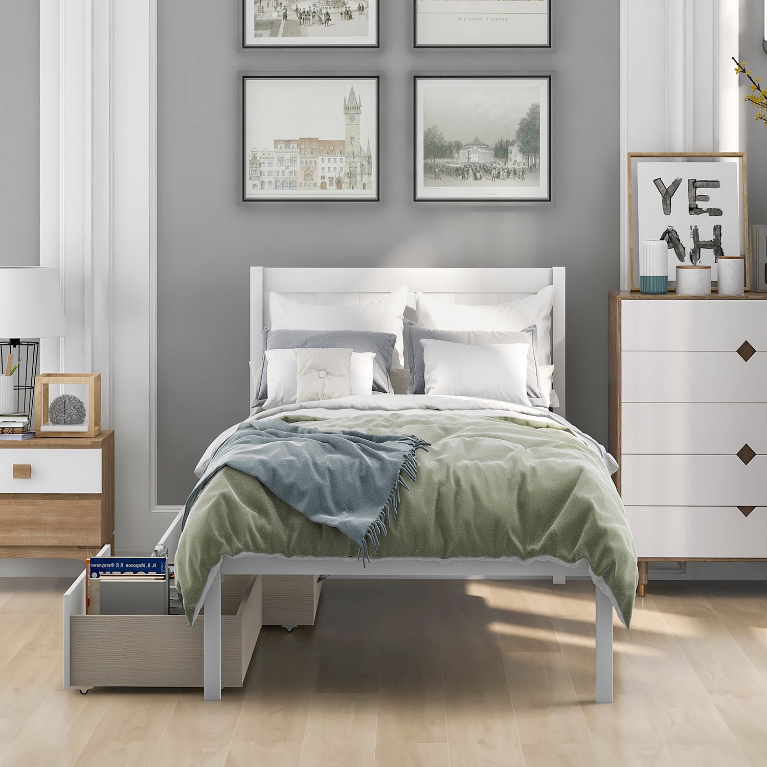 Kepooman Twin Size Solid Wood Platform Bed Frame with 2 Drawers & Headboard for Bedroom, 79.5"L x 41.7"W x 40.6"H, White Kepooman Twin Size Solid Wood Platform Bed Frame with 2 Drawers & Headboard for Bedroom, 79.5"L x 41.7"W x 40.6"H, White