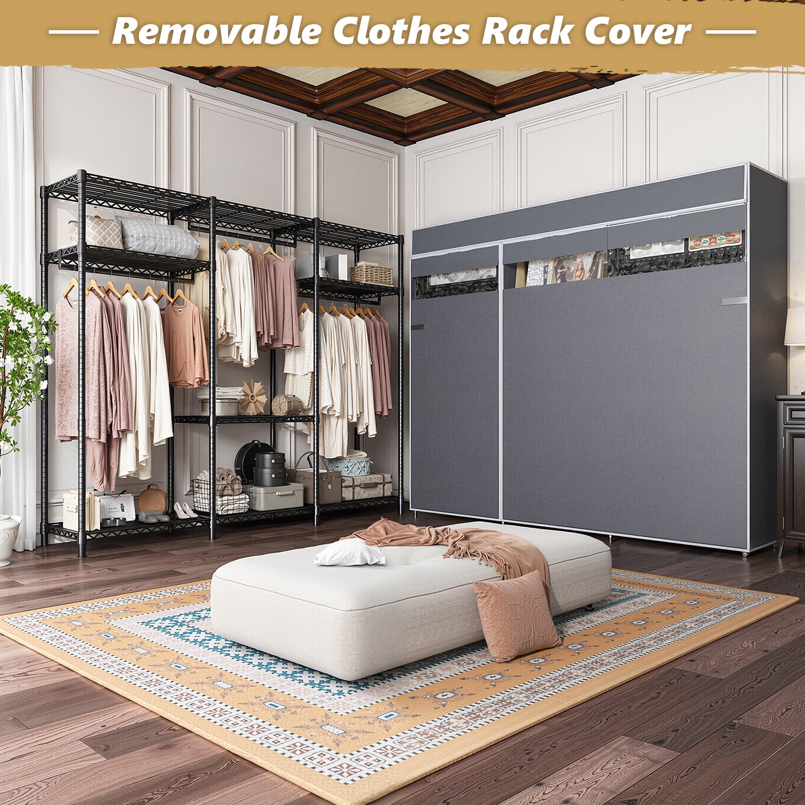 melmine Heavy Duty Clothes Rack with Dustproof Cover,Adjustable Garment Rack with Shelves,Freestanding Wardrobe Organizer for Bedroom,800lbs Capacity,Black