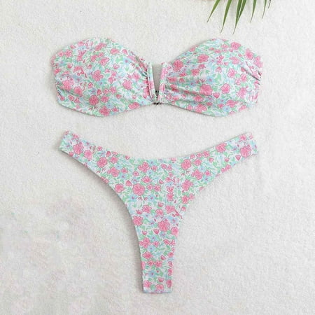 Wyobmus Women s Bandeau Bikini Sets Two Piece Swimsuit Printing Strapless Tube Bikini Top With High Cut Cheeky Bottom Bathing Suit D-Pink