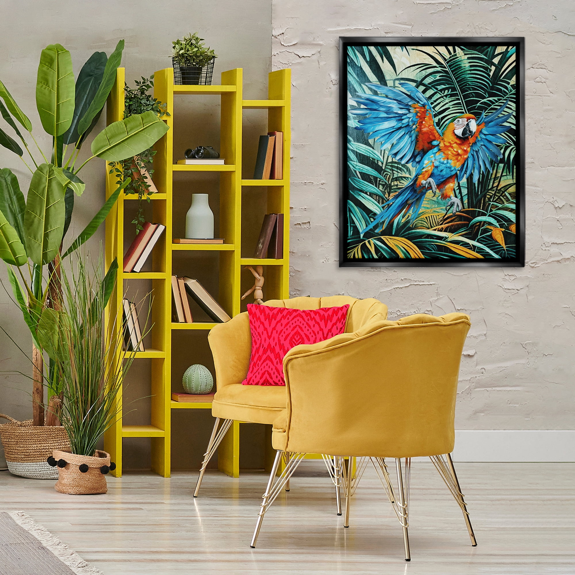 Stupell Industries Macaw in Flight Animals Painting Black Floater Framed Canvas Art Print Wall Art, 25 x 31
