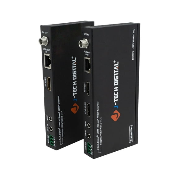 J-Tech Digital HDBaseT Long Range 492ft HDMI Extender1080P@60Hz PoC, Bi-Directional IR, Supports Dolby Digital, DTS, with EDID, CEC, RS-232 Passthrough (JTECH-HDT150)