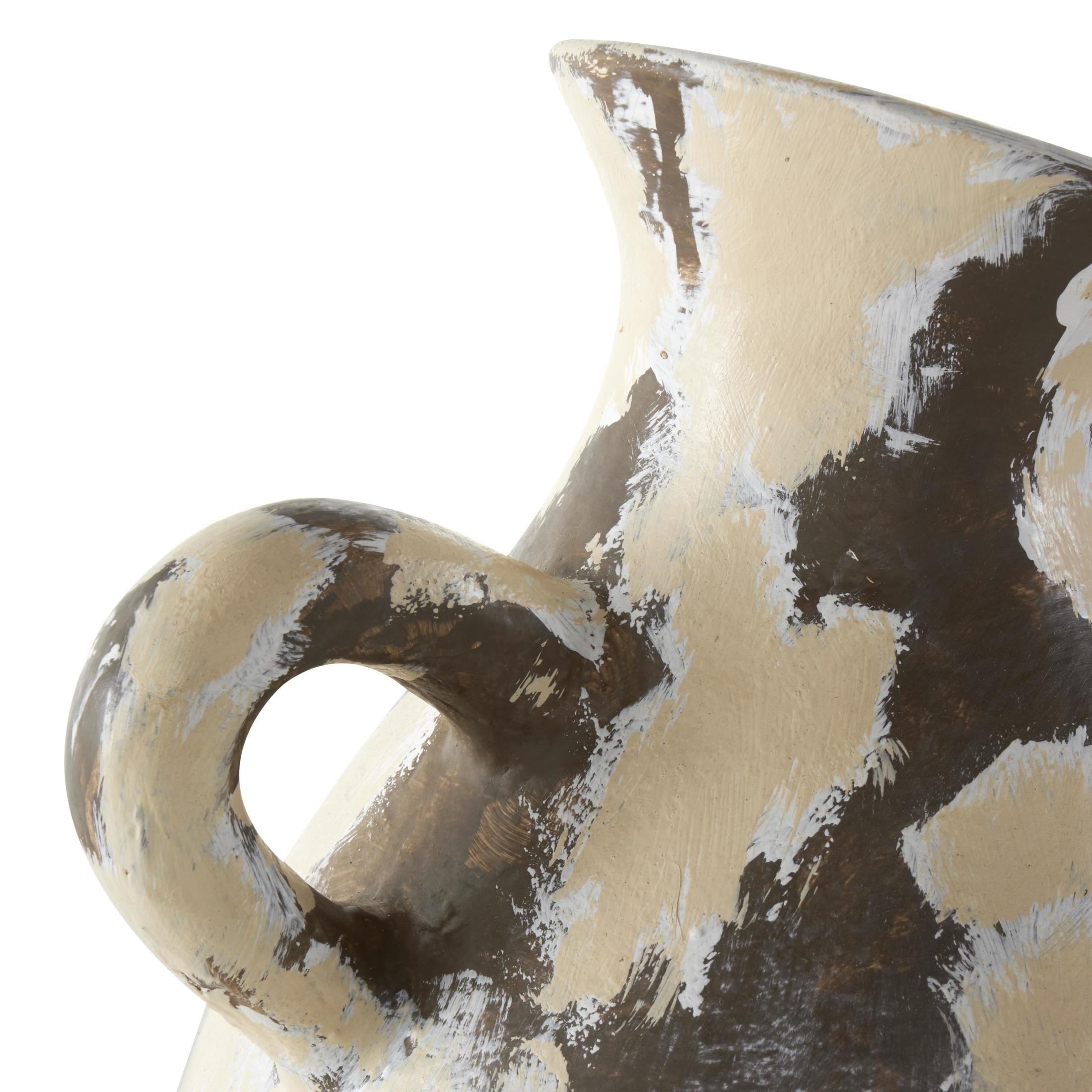 DecMode 17" Antique Style Pot Cream Ceramic Vase with Curved Handle