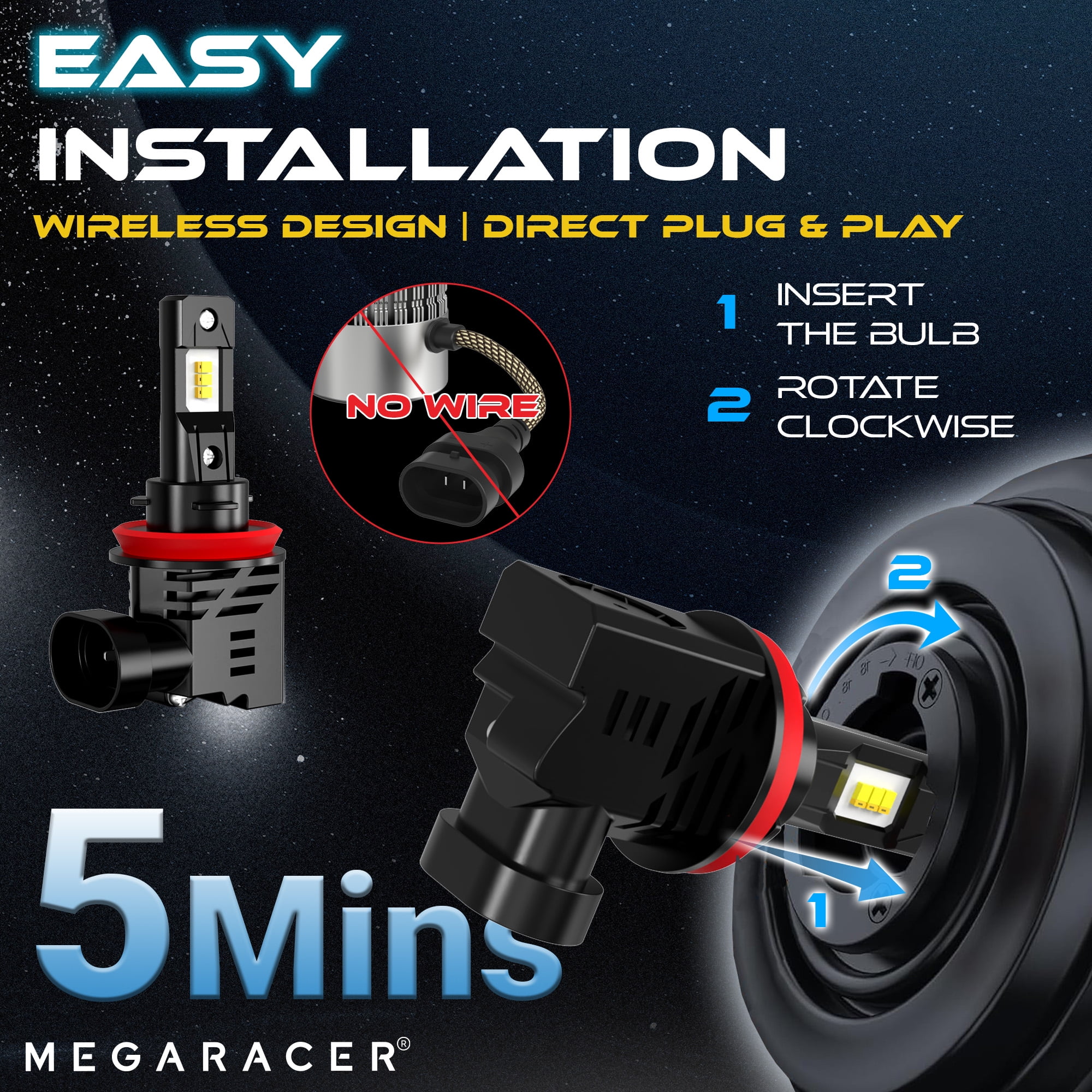Mega Racer Wireless H11 H9 H8 H16 LED Headlight Bulb - 6500K Bright White 12V 50W 12000LM - Low Beam Replacement Car Bulbs