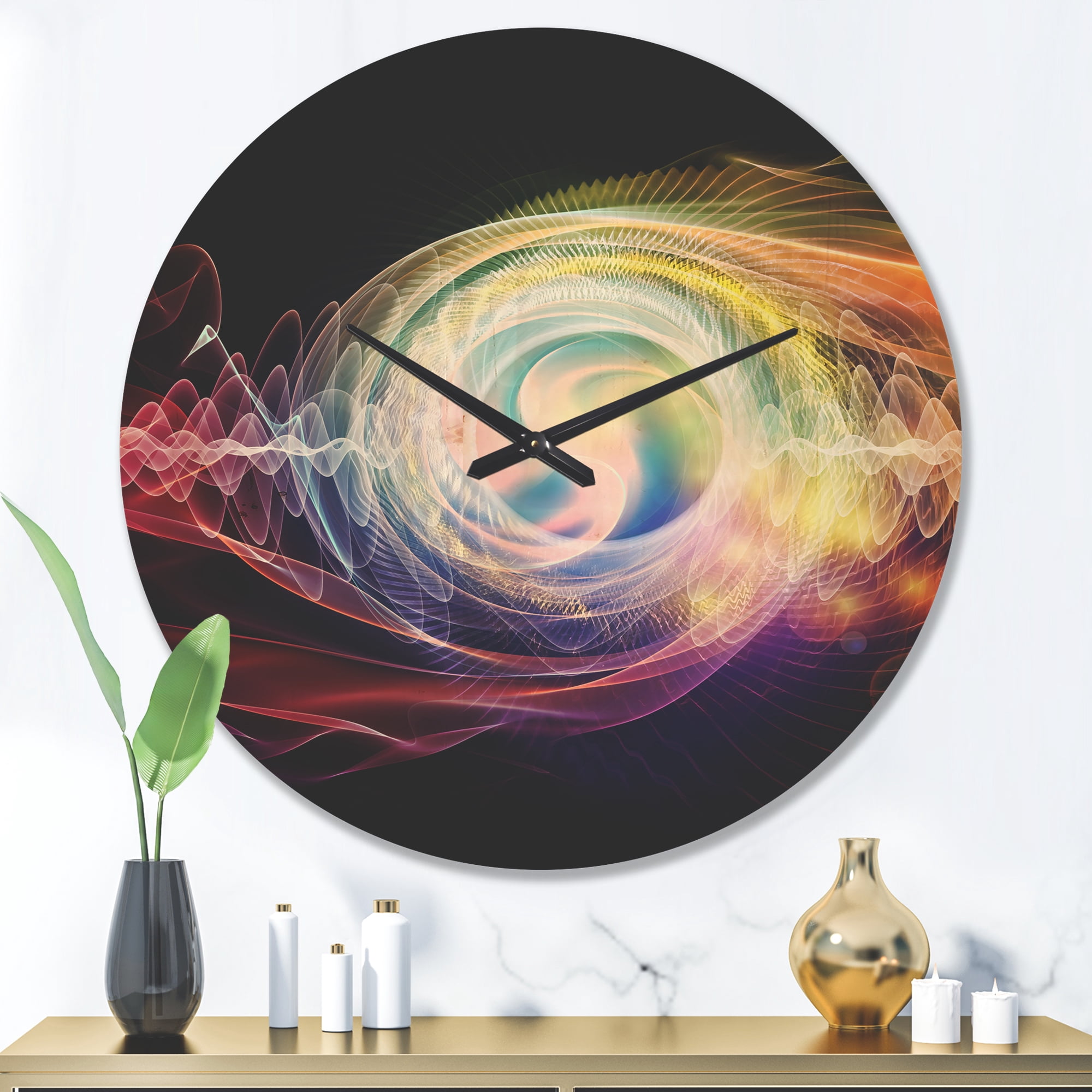 Designart 'Abstract Bright Wave Particle in Air on Black ' Modern Wood Wall Clock