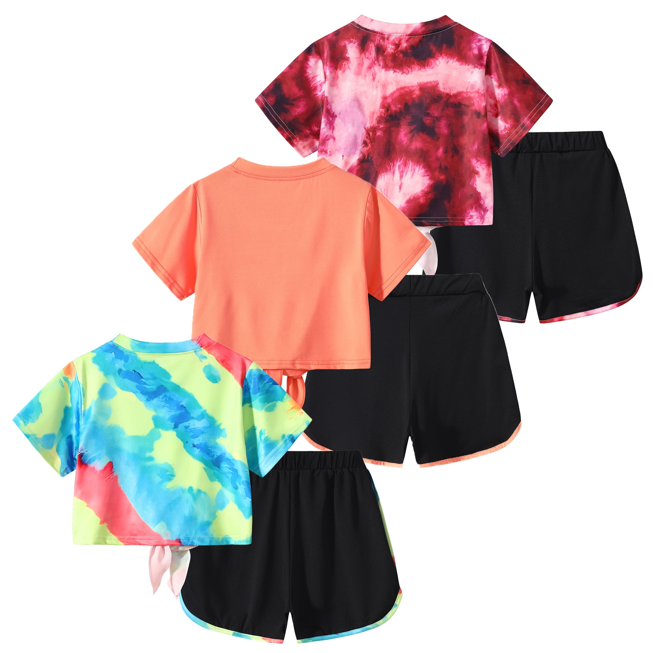 Jolyshlid Girls Summer Outfits 6 Piece Set Tie Dye Heart Print Short Sleeve Tops and Shorts Set Casual Clothing for Kids,Blue Orange red,11-12 Years
