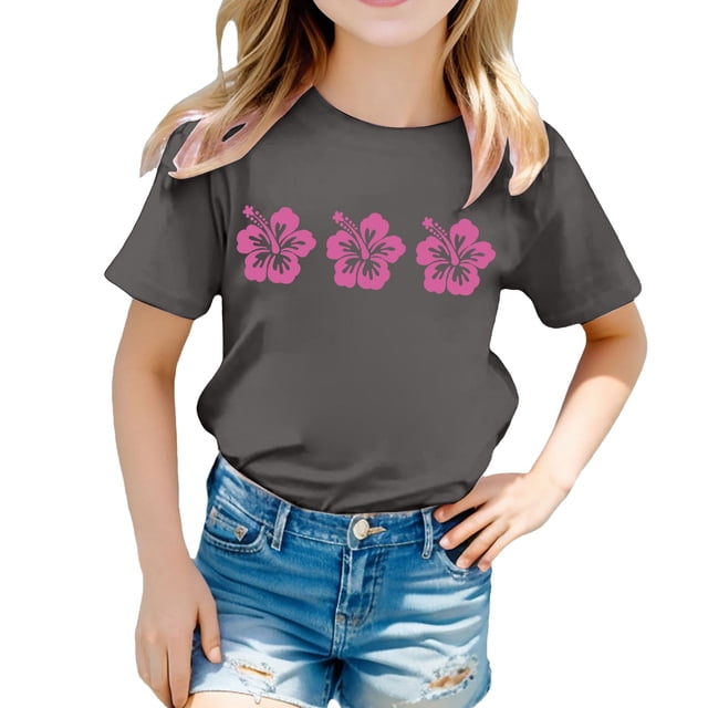 MEZZALL T-Shirt pour Filles Tout-Petits Imprimé Floral Col Rond Manches Courtes T-Shirt Décontracté Tendance, 3-4 Ans