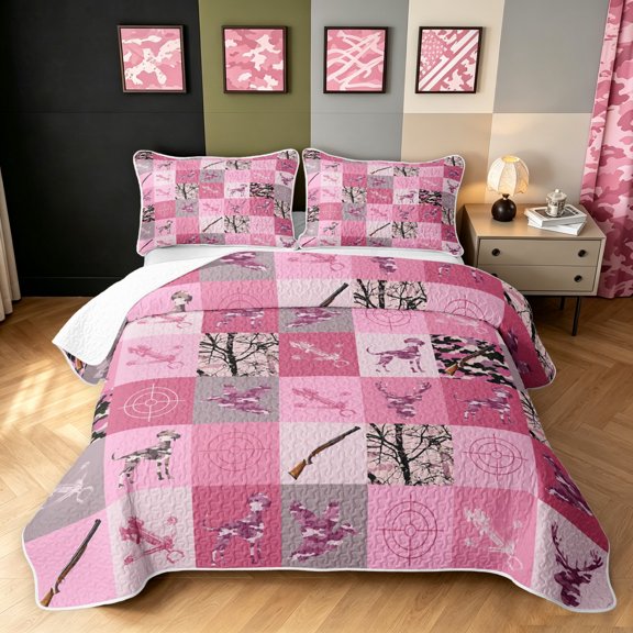 Manfei Rustic Elk Twin Quilt Set, Folk Buffalo Grid Twin Coverlet Set, Red White, Pink Reversible, 2-Piece, 1 Bedspread and 1 Pillowcase