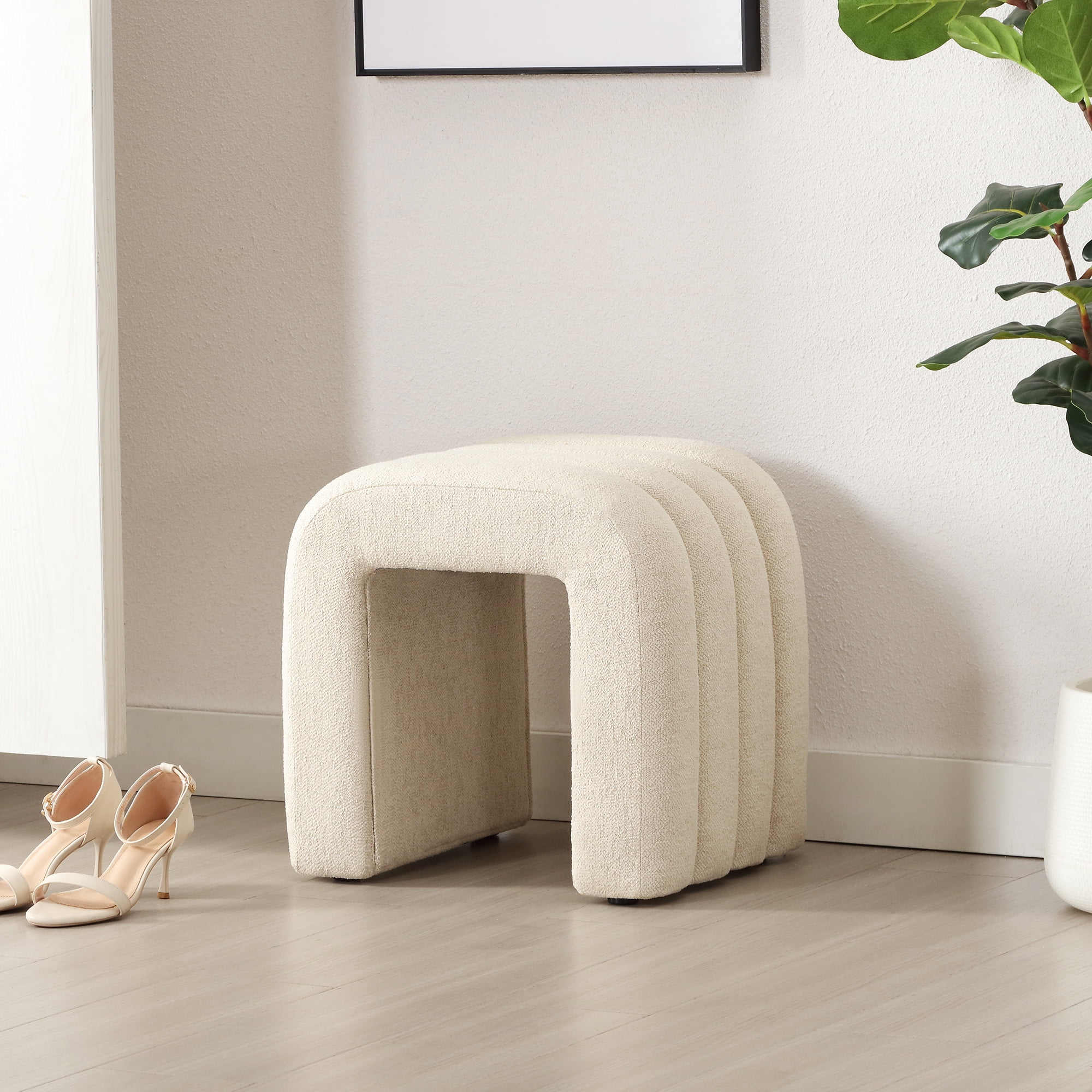 Zesthouse Multi-Functional Ottoman Stool, Tufted Linen Foot Stools Ottoman for Couch, Modern Vanity Stool for Living Room, Bedroom and Entryway, Beige
