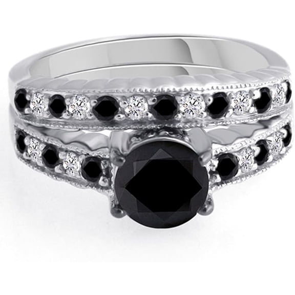 beryl_creation 1.24 Ct Round Cut Black & White Diamond Engagement Bridal Ring Set 14K White Gold Plated 925 Sterling Silver For Women's -6.5