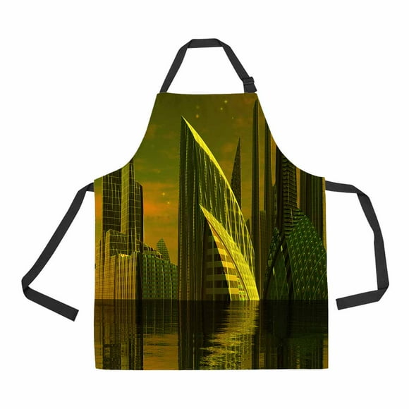 YUSDECOR Modern Alien City Computer Artwork Unisex Adjustable Bib Apron with Pockets for Commercial Restaurant and Home Kitchen Use