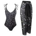 thumbnail image 1 of Un traje de baño de playa de aguas termales delgado de una pieza con lunares negros para mujer con falda cruzada, 1 of 5