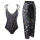 thumbnail image 1 of Un traje de baño de playa de aguas termales delgado de una pieza con lunares negros para mujer con falda cruzada, 1 of 5