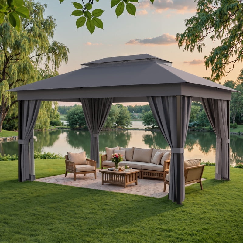 Devoko 10×13 ft Outdoor Pop Up Gazebo with Mosquito Netting，Double Roof Gazebo with Double Curtains for Backyard, Garden and Patio,Gray