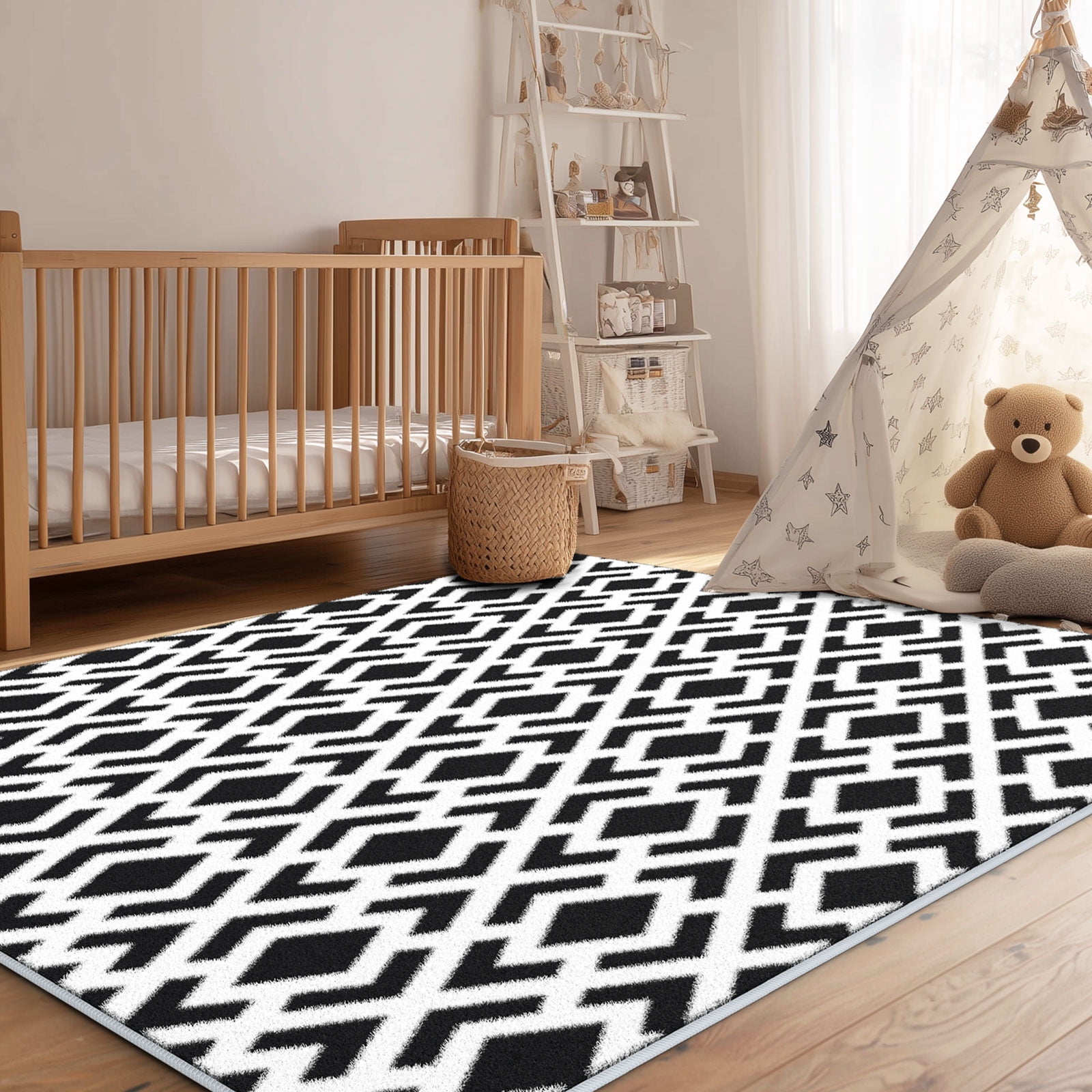 Curtilage 4'x6' Washable Area Rugs for Living Room, Non-Slip Diamond Geometry Indoor Rugs, Soft Low Pile Stain Resistant Carpet for Entryway, Nursery