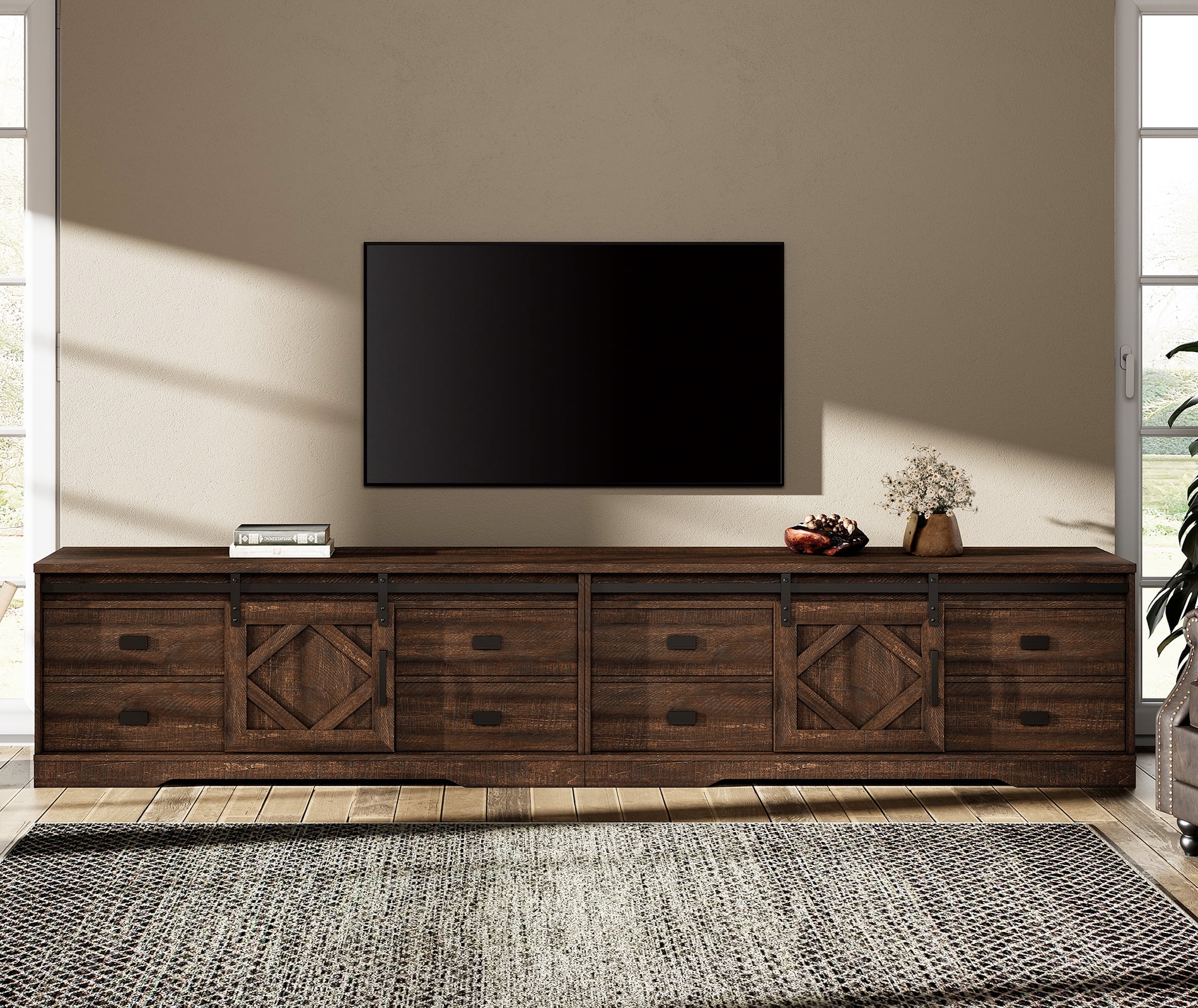 WAMPAT 2 in 1 Modern Farmhouse TV Stand for 130" TV with Barn Door & Rub Through Distressing, Wood Entertainment Center with Drawers and Storage Cabinet for Living Room,Rustic Brown