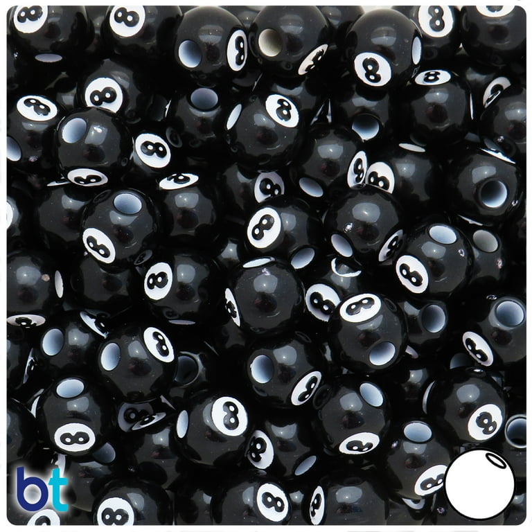 Beadtin Black Opaque 12mm Round Pony Beads - Billiard 8 Ball Design (48pcs), Size: 12 mm