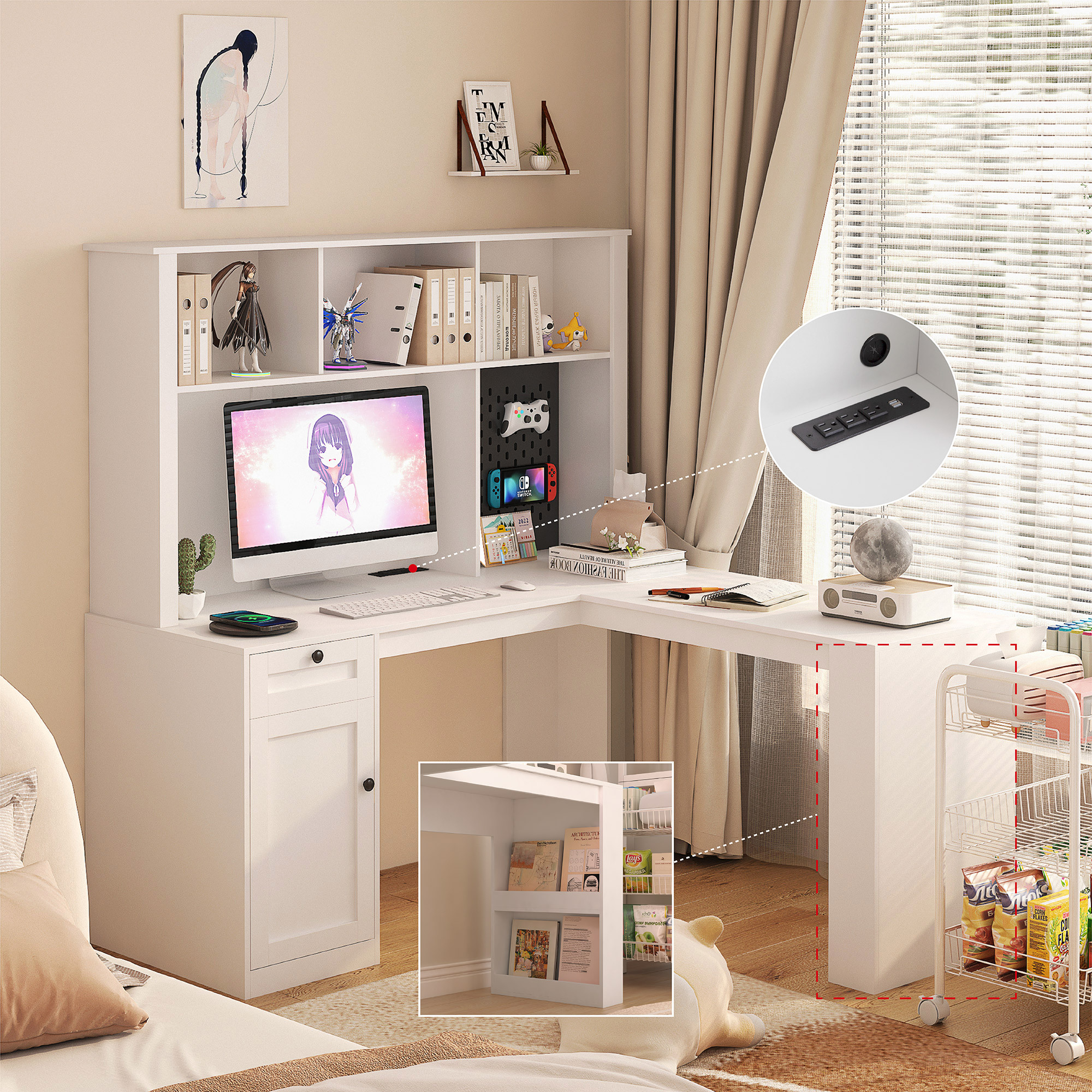 White L Shaped Corner Computer Desk with Storage Drawers, 2-IN-1 Home Office Desks with Bookshelf & Hutch & Pegboard, Modern Office Table with Outlet, Work Desk Study Desk for Home Office
