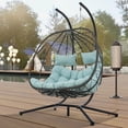 thumbnail image 4 of Double Egg Swing Chair with Stand, 2 Persons Hanging Egg Chair, 600LBS Capacity Indoor Outdoor Wicker Basket Oversized Hammock Chair for Backyard Balcony Bedroom, Gray Wicker+Blue Cushion, 4 of 10