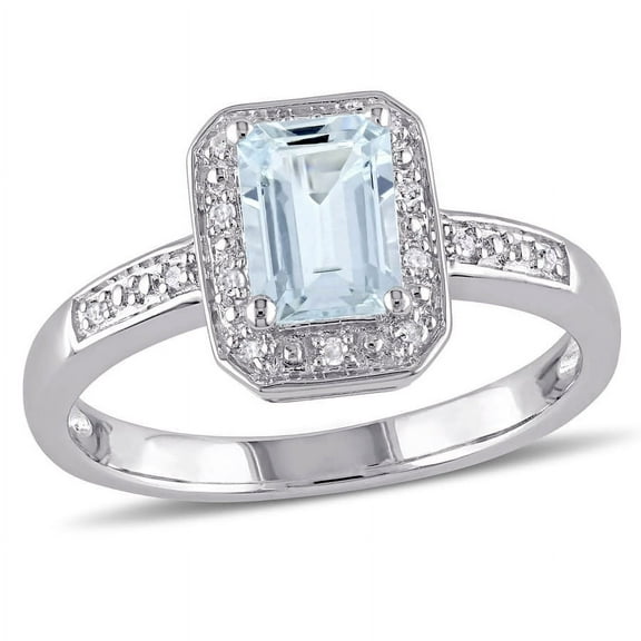AMOUR Emerald Cut Aquamarine and Diamond Accent Ring In Sterling Silver