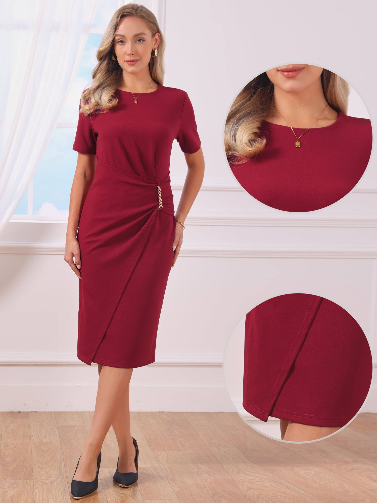 DARING DIVA Women's Short Sleeve Crew Neck Bodycon Sheath Midi Dress S Wine Red