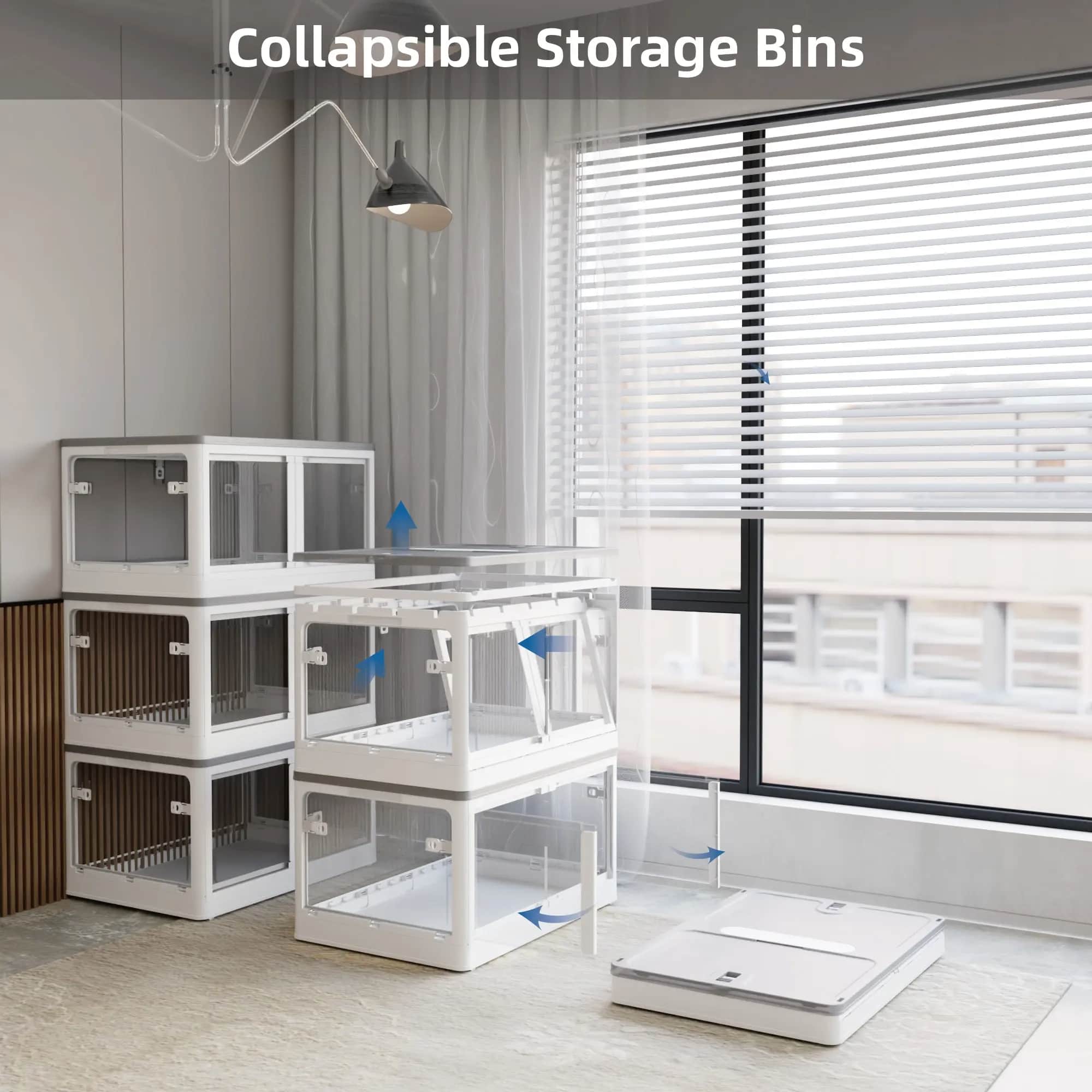 506QT 3-Pack Transparent Stackable Storage Bins with 5 Doors to Open with Wheels, Folding Plastic Craft Containers Large Closet Organizers Box for Bedrooms Living Rooms,White