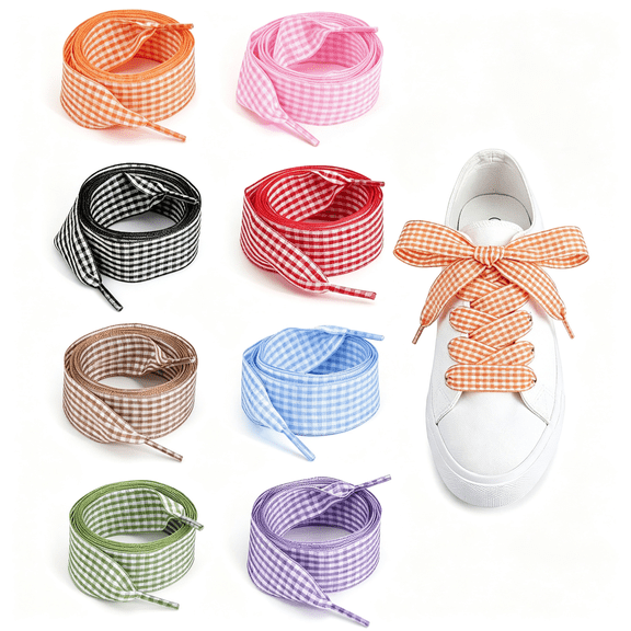 BZCOE 8 Pairs Ribbon Shoe Laces Women, 1" Wide Colorful Soft Gingham Checkered Shoelace, Novelty Cute Plaid Shoelaces for Sneakers