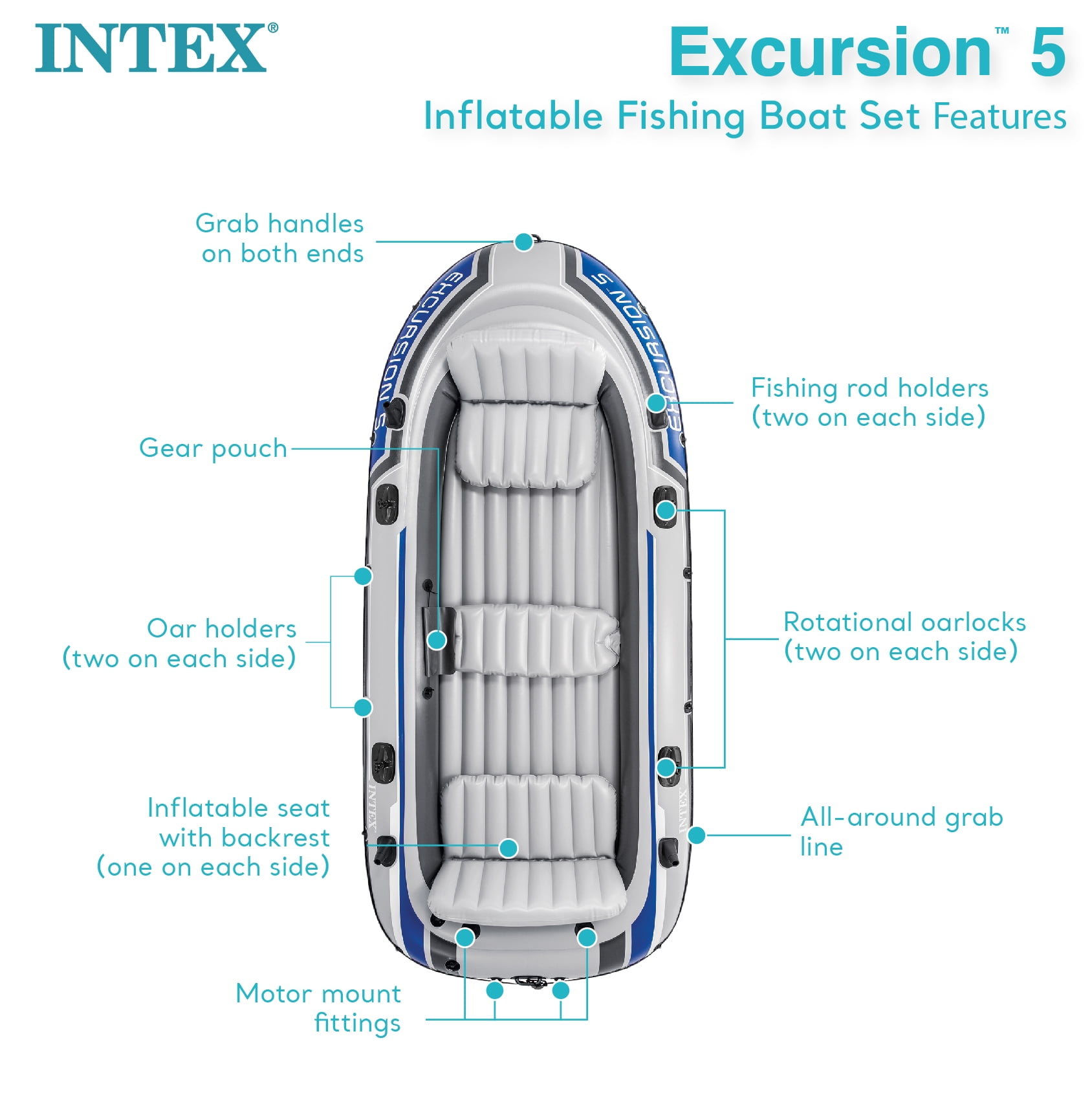 Intex Excursion 5 Person Inflatable Fishing Boat with Motor Mount, Motor Not Included