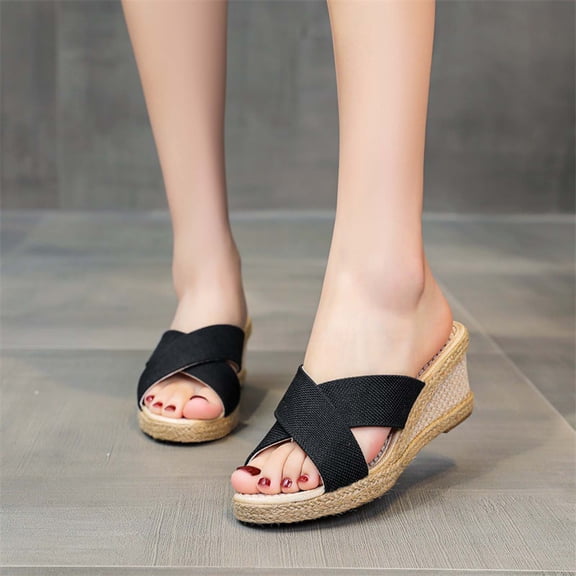 symoid Womens Comfortable Wedge Sandals- Clearance Wide Width Slides Sandal Heel Wedge Heel Espadrille Black Dressy Slide Sandals for Women Size 7.5