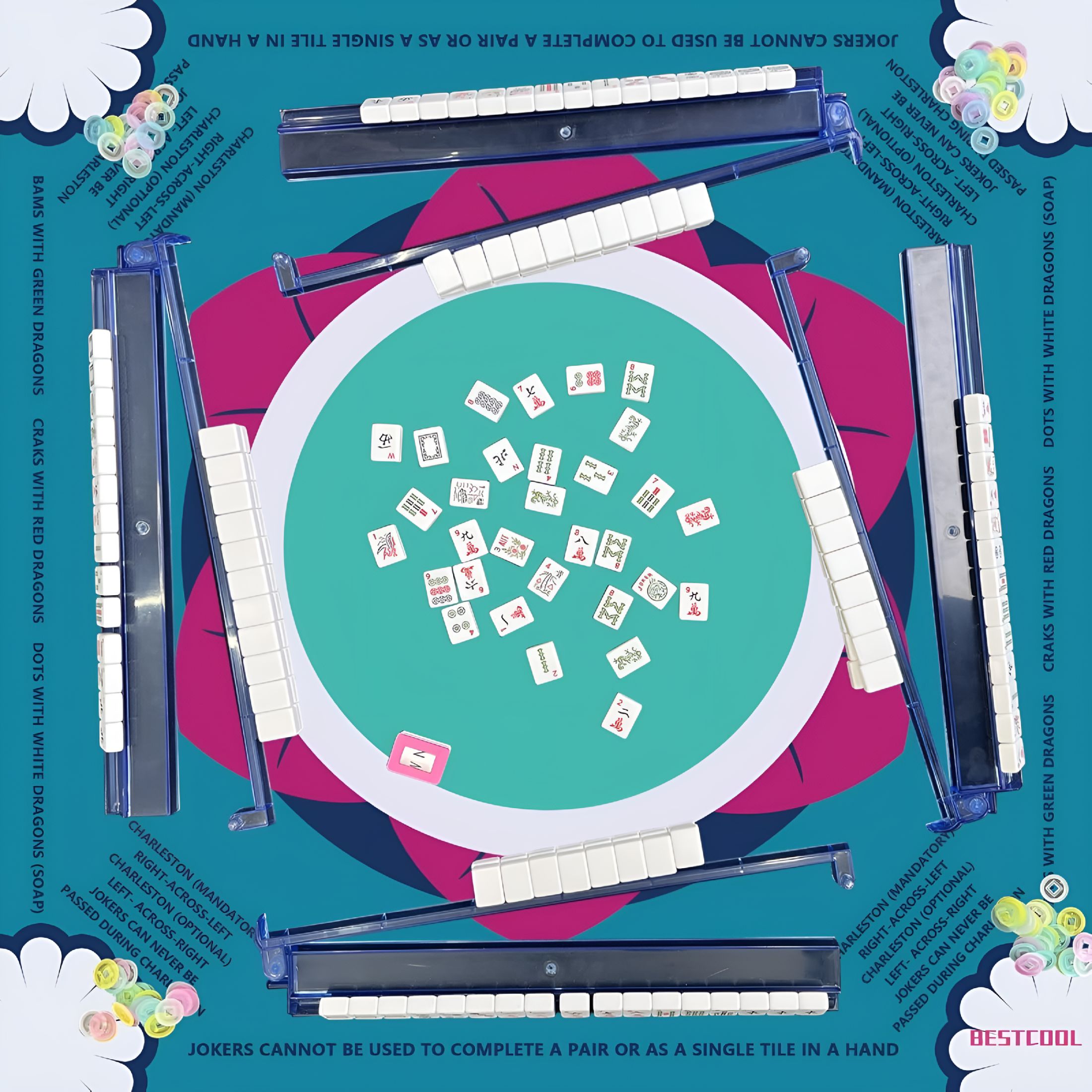 BESTSKY Mahjong Mat with Rules for Table,Odorless,Free of PAHs,No Creases American Mahjong Mat with Instructions,Anti-Slip,Noise Reduction Mahjong Gift