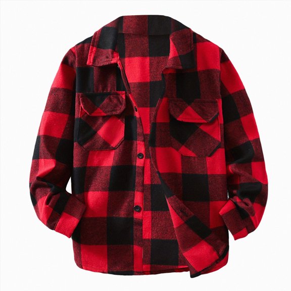 TOWED22 Boys Flannel Shirt Toddler Buffalo Plaid Shirt Long Sleeve Button Down Shirts Kids Casual Tops,Red,13-14 Y