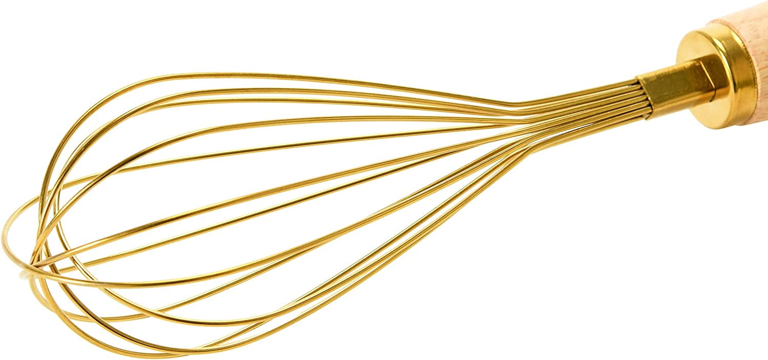 Bloomingville Standing Stainless Steel Whisk with Wood Handle, Gold Finish