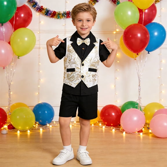 CAIVO Boys Summer Formal British Style Gold Trim Vest Short Sleeve Shirt And Shorts Three Piece Children Outfit Sets Relaxed Fit Clothing Sets