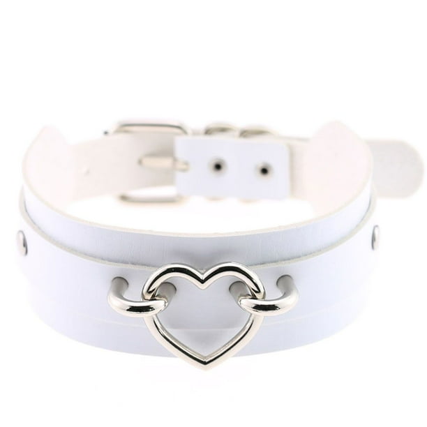Qarigey Gargantilla gótica Punk de cuero de imitación de PU, collar corto, Gargantilla con conector en forma de corazón hueco Ropa, zapatos y accesorios Miscelánea corazón de plata y blanco