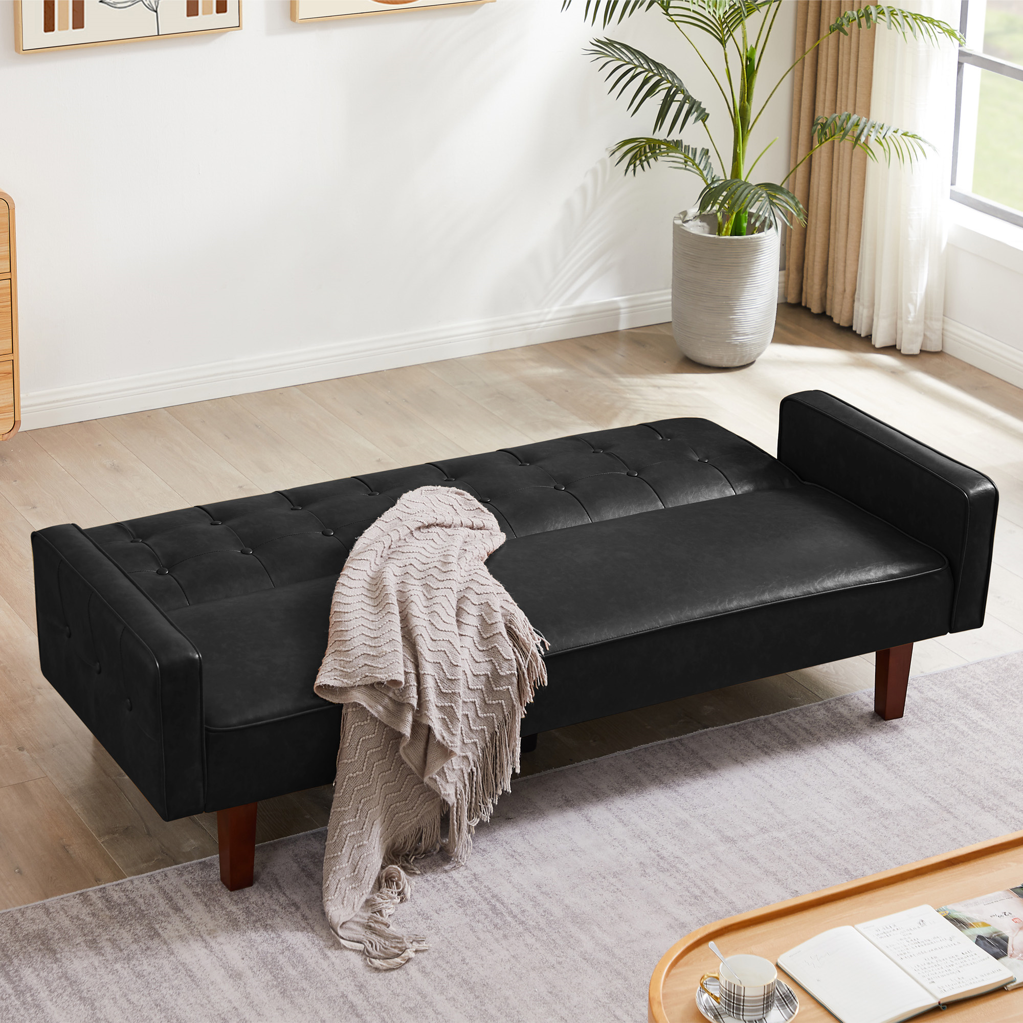 Aukfa 75" Button-Tufted Futon Convertible Sofa Bed for Home Office, Leather, Black