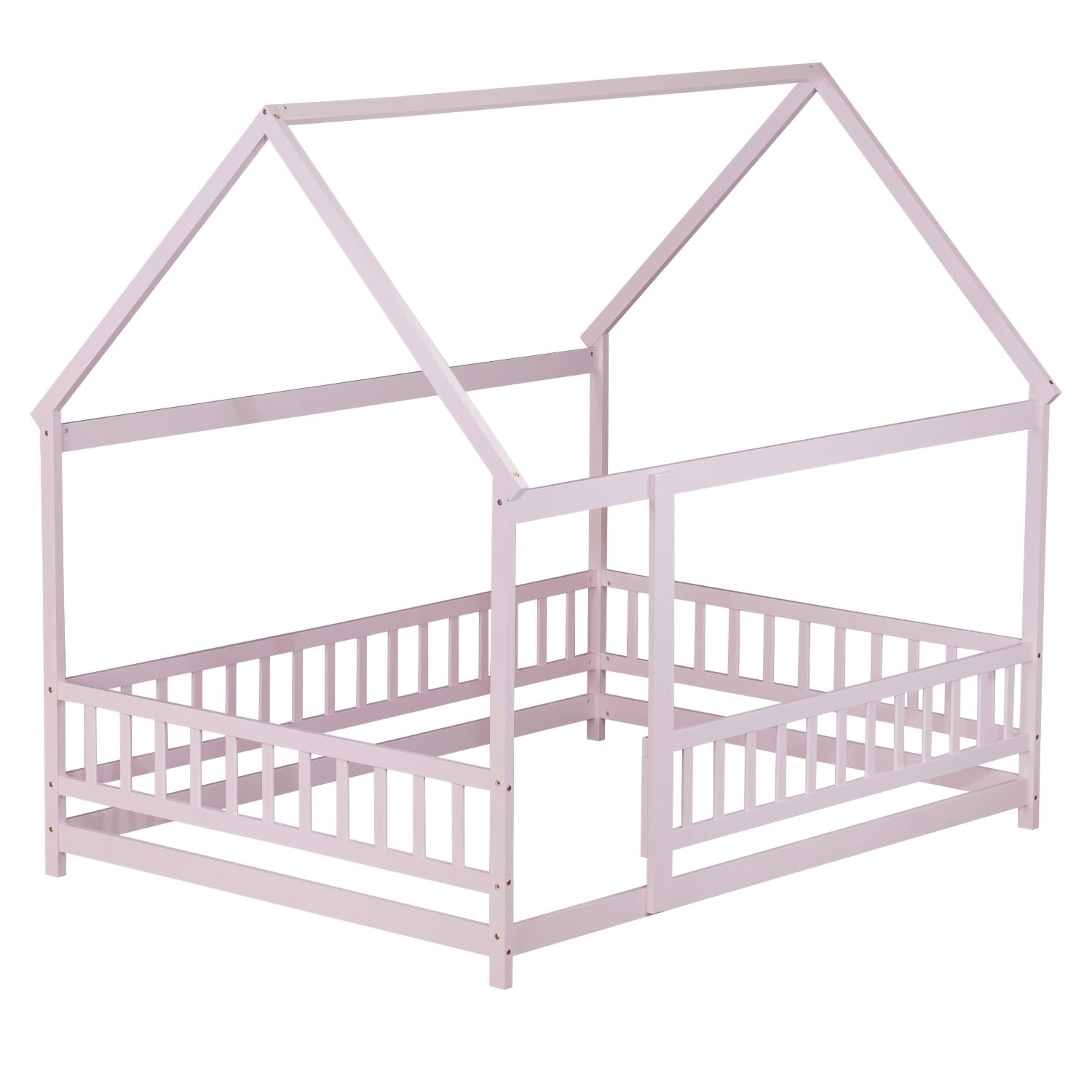 Alvantor Full Size Floor House Bed for Toddler, Solid Wood Bed Frame with Guardrails Pink