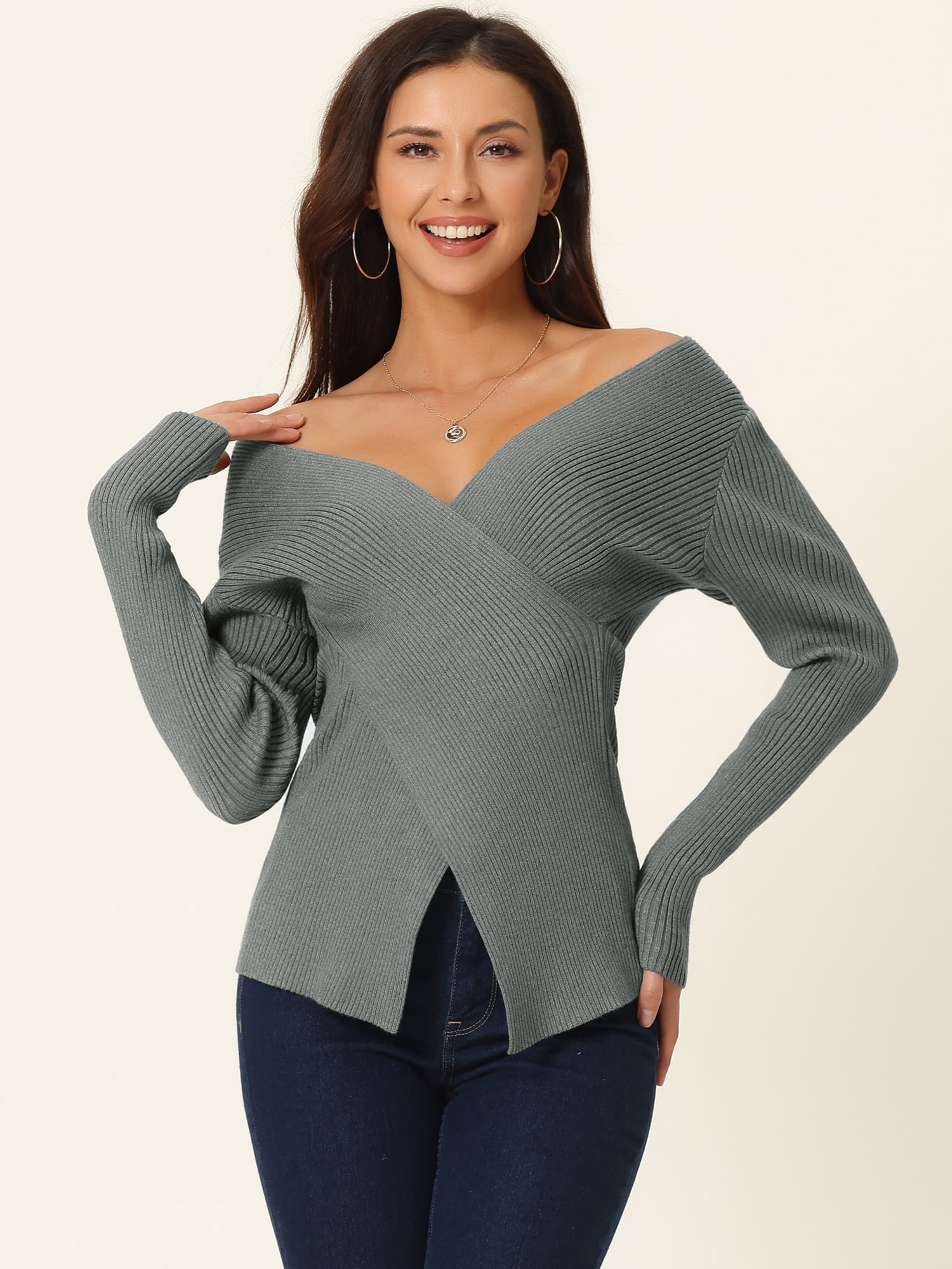 Women's Long Sleeve V Neck Criss Cross Sweater Casual Fall Outfits M Grey