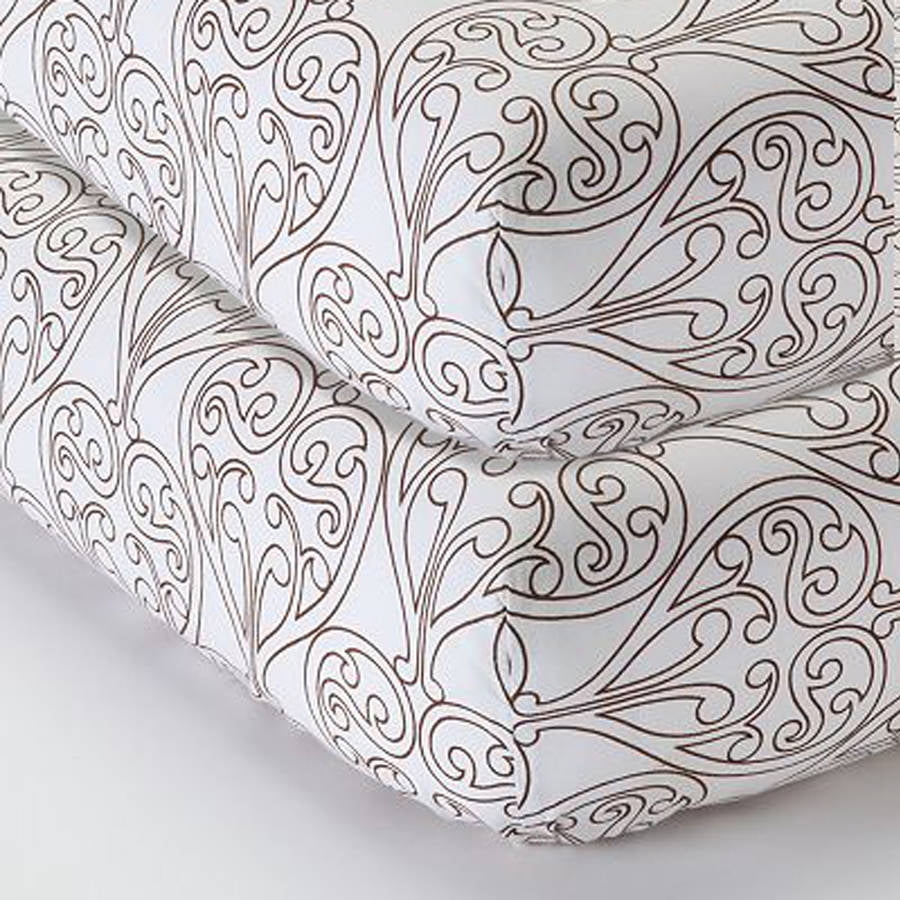 Bacati - Damask Crib/Toddler Bed Fitted Sheets 100% Cotton Percale, White/Choc, 2-Pack