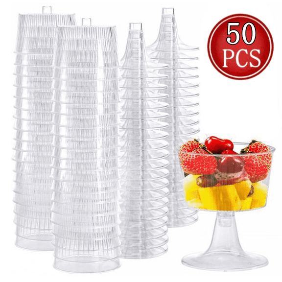 Bxaolu 50 Pcs Clear Dessert Cups, 5 Oz Mini Plastic Parfait Cup Disposable Appetizer Cup Round Serving Goblet Cup Dessert Cup for Party Fruit Ice Cream Mousse Pudding Appetizer Bowl (Clear)