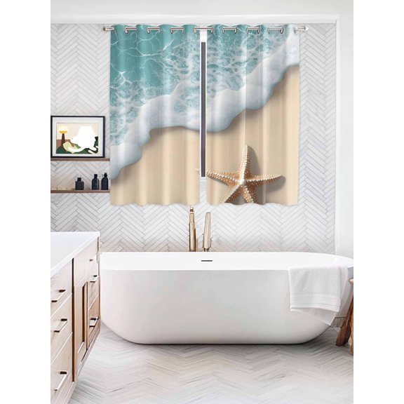 Beach Coastal Window Curtains Panels with Silver Grommet, Summer Nautical Starfish Aqua Beige Kitchen Cafe Curtain Draperies Window Treatment Set for Living Room/Bedroom/Laundry Room/Bathroom, 104x84